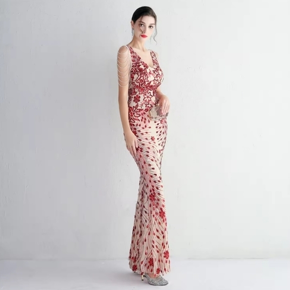 Red, Floral Print,  V Neck, Beaded Draped Sleeves,  Sequined Mermaid Gown - Picture 12 of 16